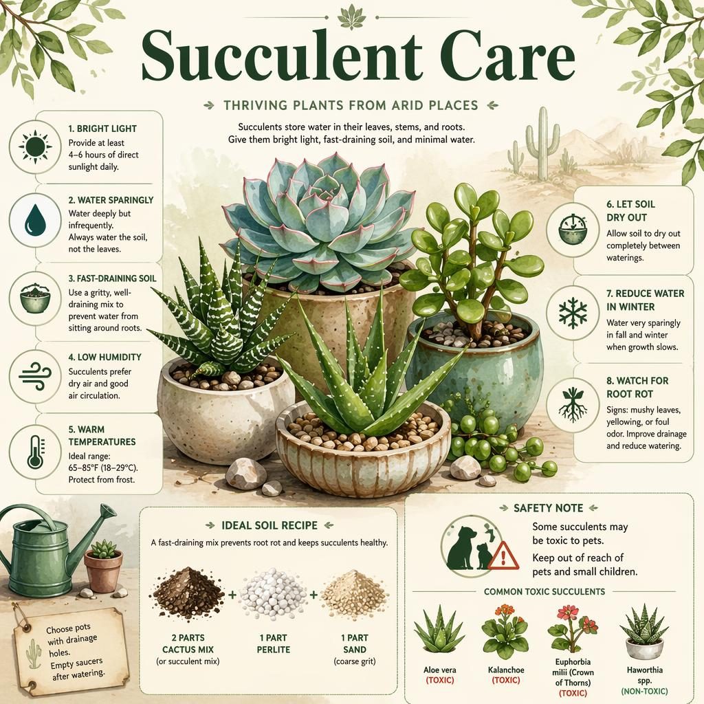 Botanical succulent care infographic with echeveria, haworthia, jade, and aloe, plus care icons, soil recipe, and safety note.