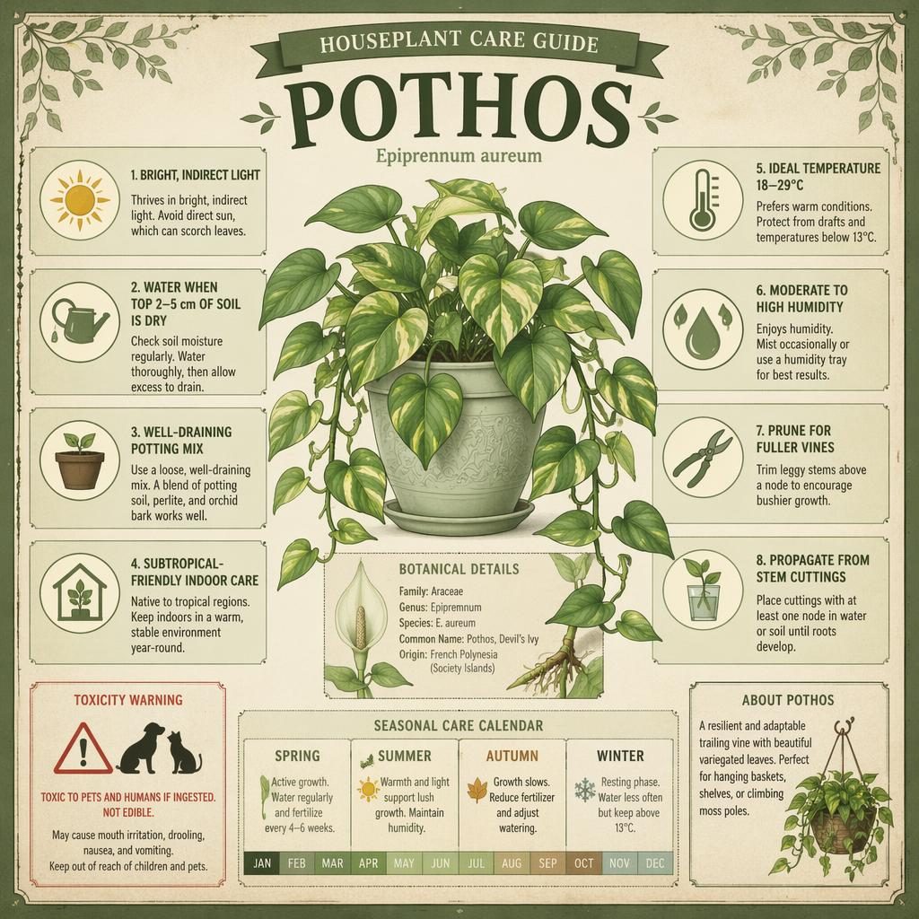 Infografía botánica vintage de pothos con iconos de luz, riego, sustrato, humedad, poda, propagación y calendario.