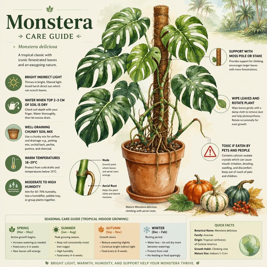 Botanical Monstera care infographic with watercolor plant, labeled callouts, icons, and seasonal indoor care strip.