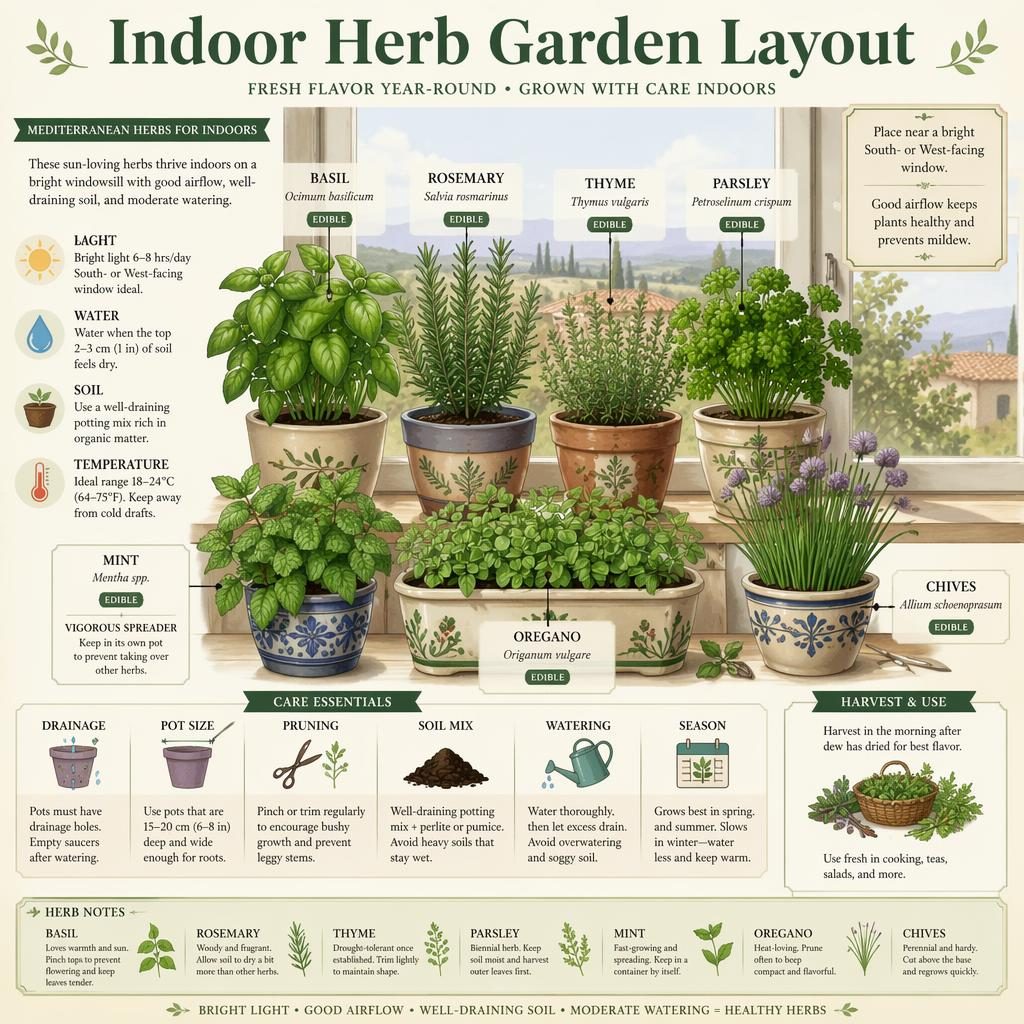 Botanical infographic showing an indoor windowsill herb garden layout with labeled pots of basil, rosemary, thyme, parsley, mint, oregano, and chives.