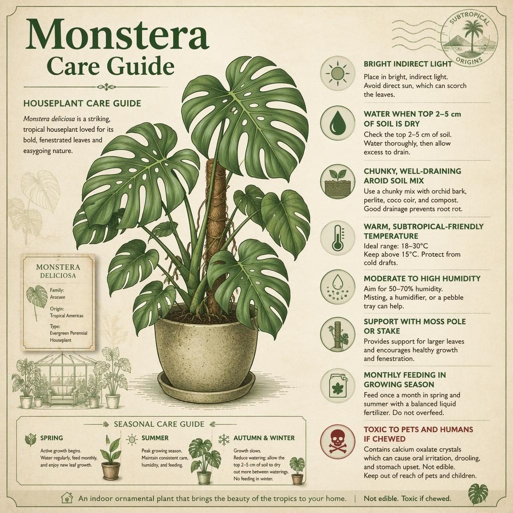 Vintage-style Monstera Care Guide infographic with botanical illustration, labeled houseplant care callouts, icons, and aged paper texture.