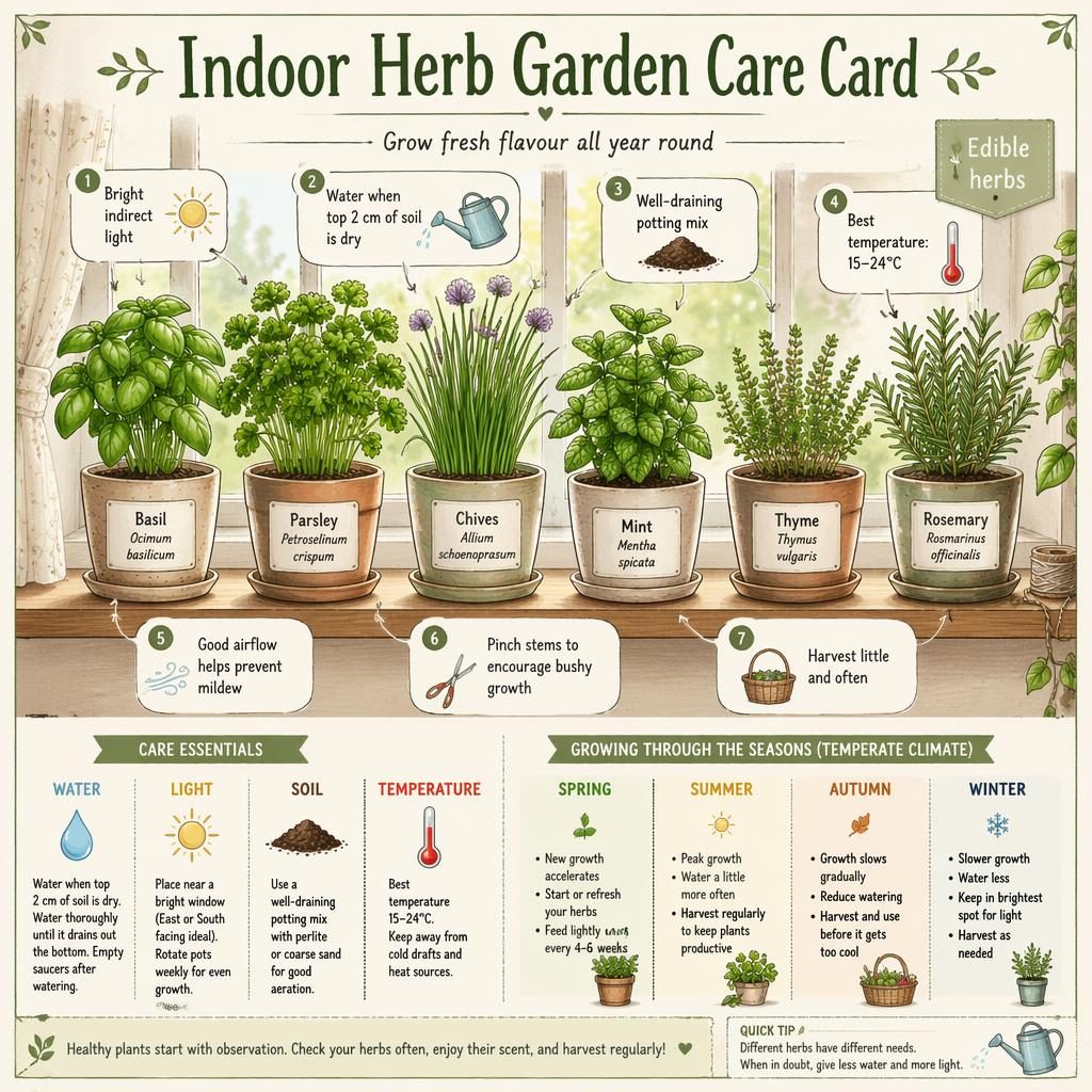 Botanical infographic care card showing potted basil, parsley, chives, mint, thyme, and rosemary on a windowsill.