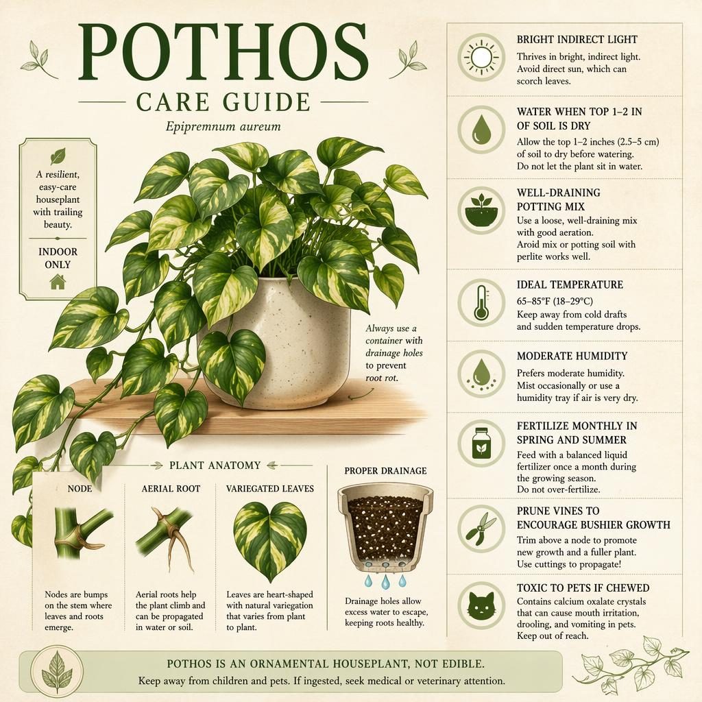 Editorial Pothos Care Guide infographic with trailing pothos vines, care icons, labeled callouts, and vintage seed-packet colors.