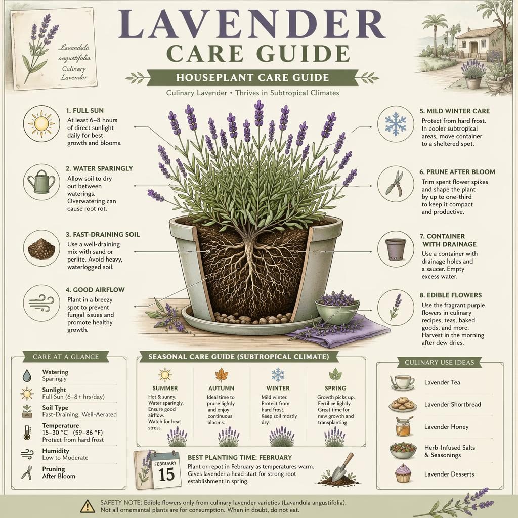 Infografía de cuidado de lavanda en maceta, estilo botánico vintage, con raíces, flores moradas e iconos de riego y sol.