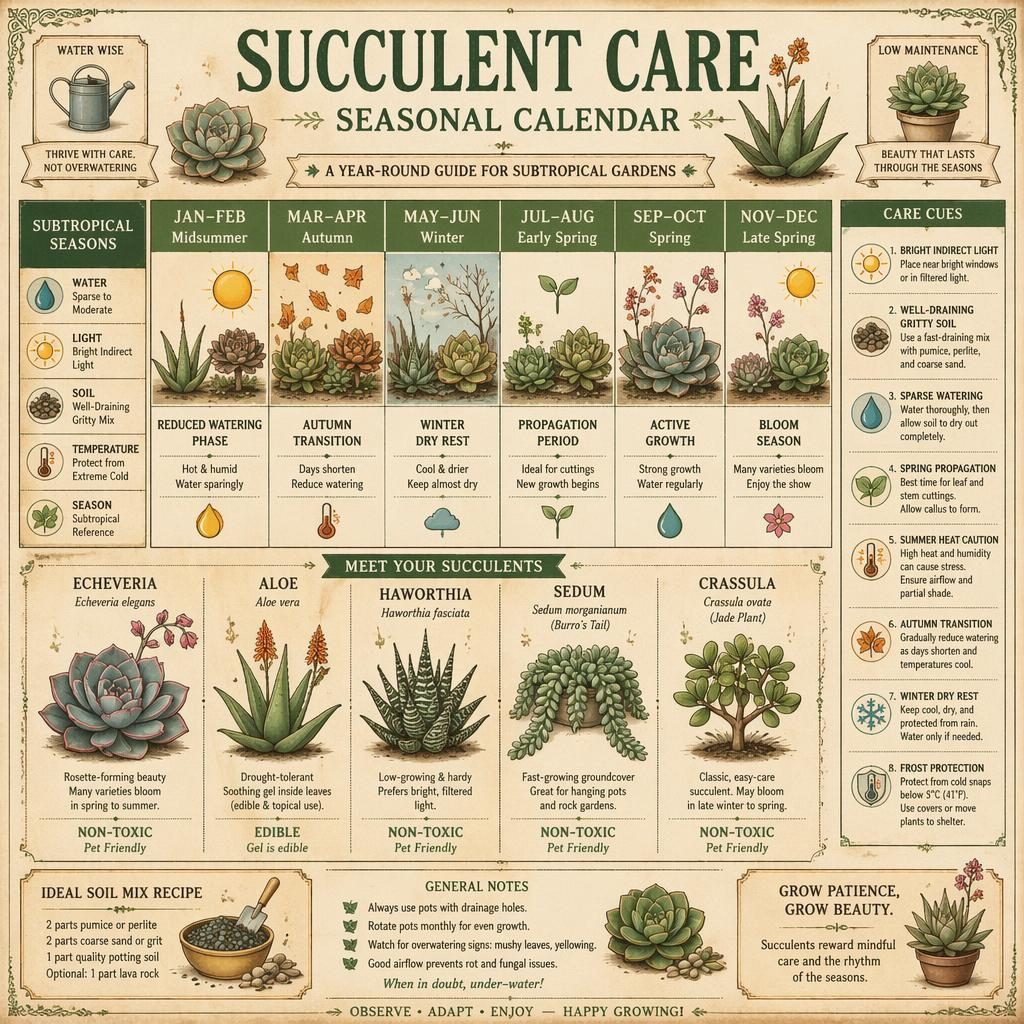 Infographie style sachet de graines vintage avec calendrier saisonnier des succulentes, illustrations botaniques et repères d’entretien.