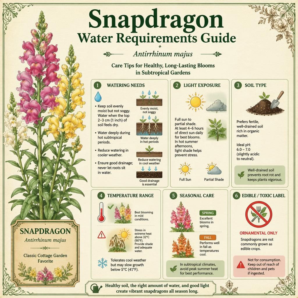 Vintage-style snapdragon care infographic with 6 labeled callouts, botanical illustrations, icons, and subtropical tips.