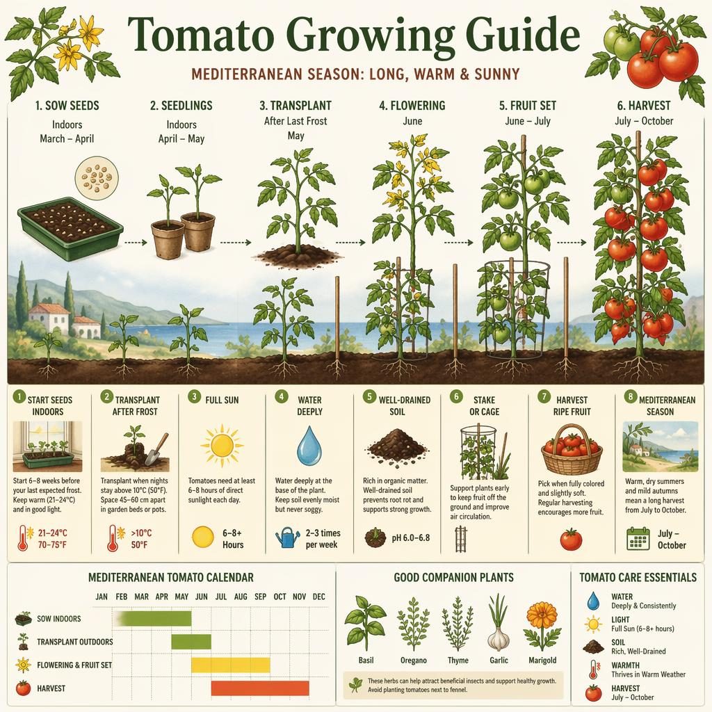 Infographie botanique sur la culture de la tomate, de la graine à la récolte, avec étapes, icônes de soin et repères saisonniers méditerranéens.
