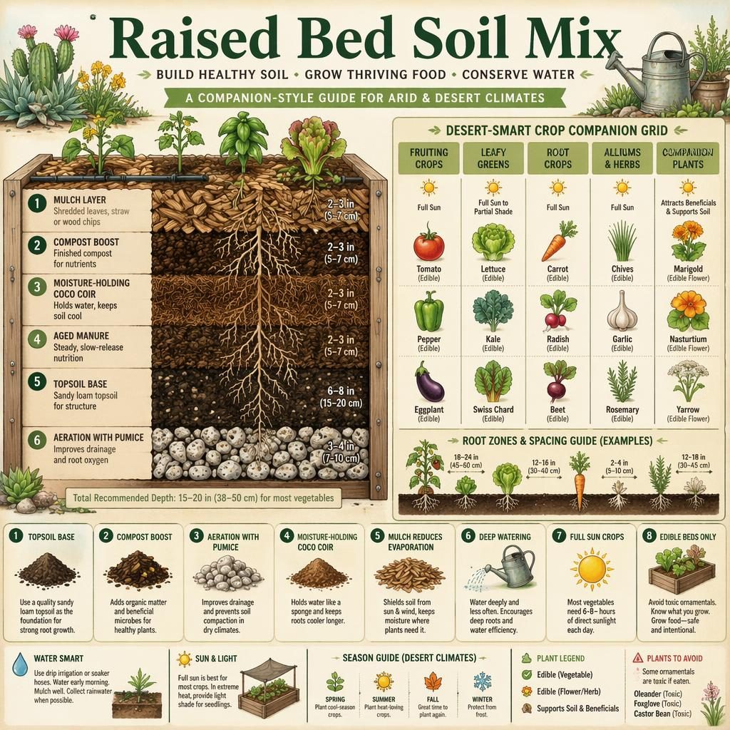 Botanical infographic of raised bed soil mix grid with soil layers, mulch, coco coir, pumice, compost, and dry-climate crops