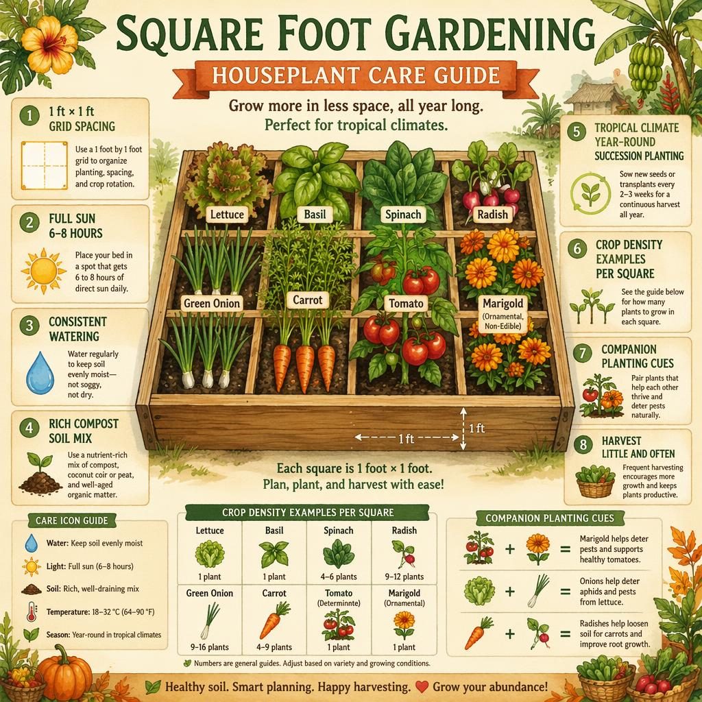 Watercolor gardening infographic of a square foot raised bed with labeled edible crops, care icons, and tropical planting tips.