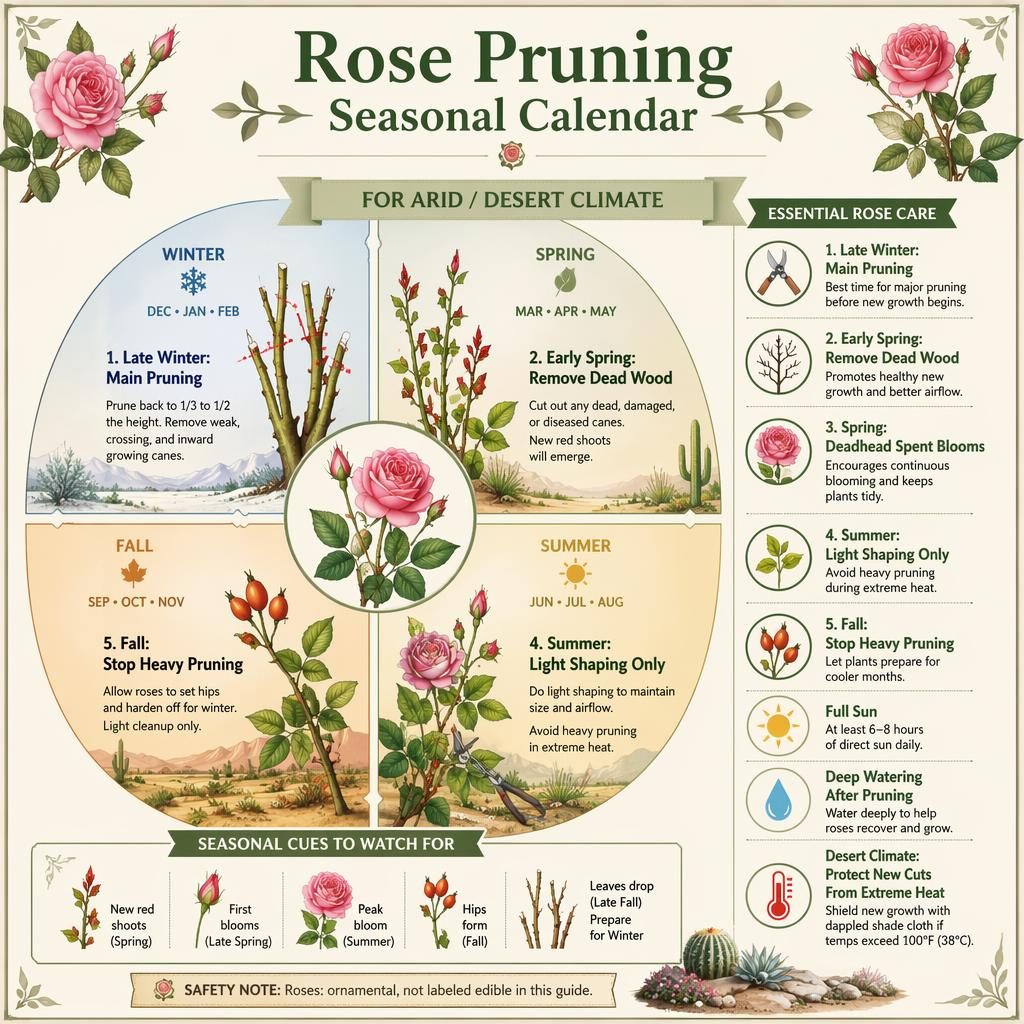 Infografía botánica con calendario estacional de poda de rosas, iconos de sol y agua, fondo crema y estilo jardín cottage.