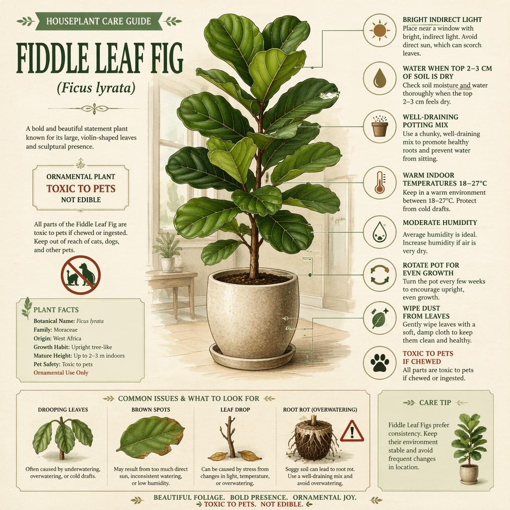 Editorial gardening infographic showing a potted fiddle leaf fig with care callouts, icons, and common issue panel.