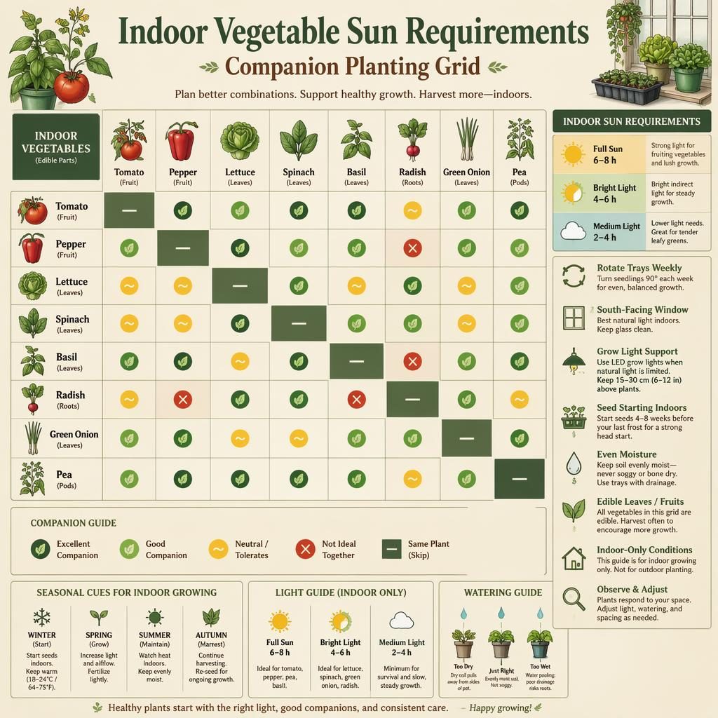 Infographic grid of indoor vegetables showing companion planting and sun needs for tomato, pepper, lettuce, spinach, basil, radish, green onion, and pea.