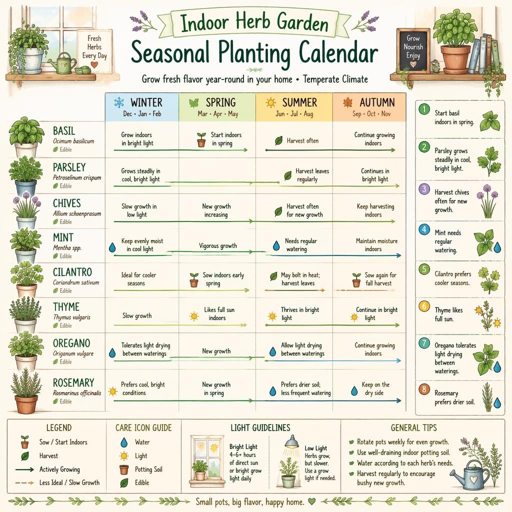 Sketchnote indoor herb garden seasonal planting calendar with basil, parsley, chives, mint, cilantro, thyme, oregano, and rosemary.