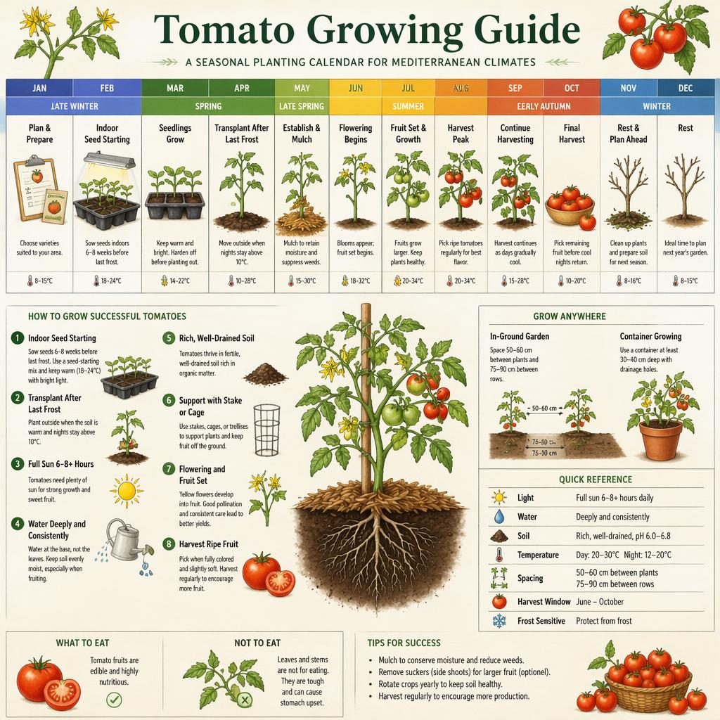 Botanical tomato growing guide infographic with seasonal calendar, seed trays, stakes, mulch, roots, flowers and ripe fruit