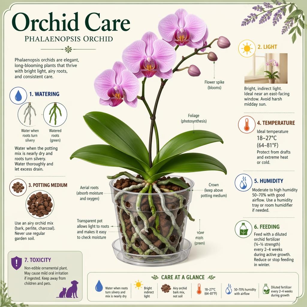 Botanische Infografik mit Phalaenopsis-Orchidee, Pflege-Icons, englischen Labels, transparentem Topf und 7 Callouts.