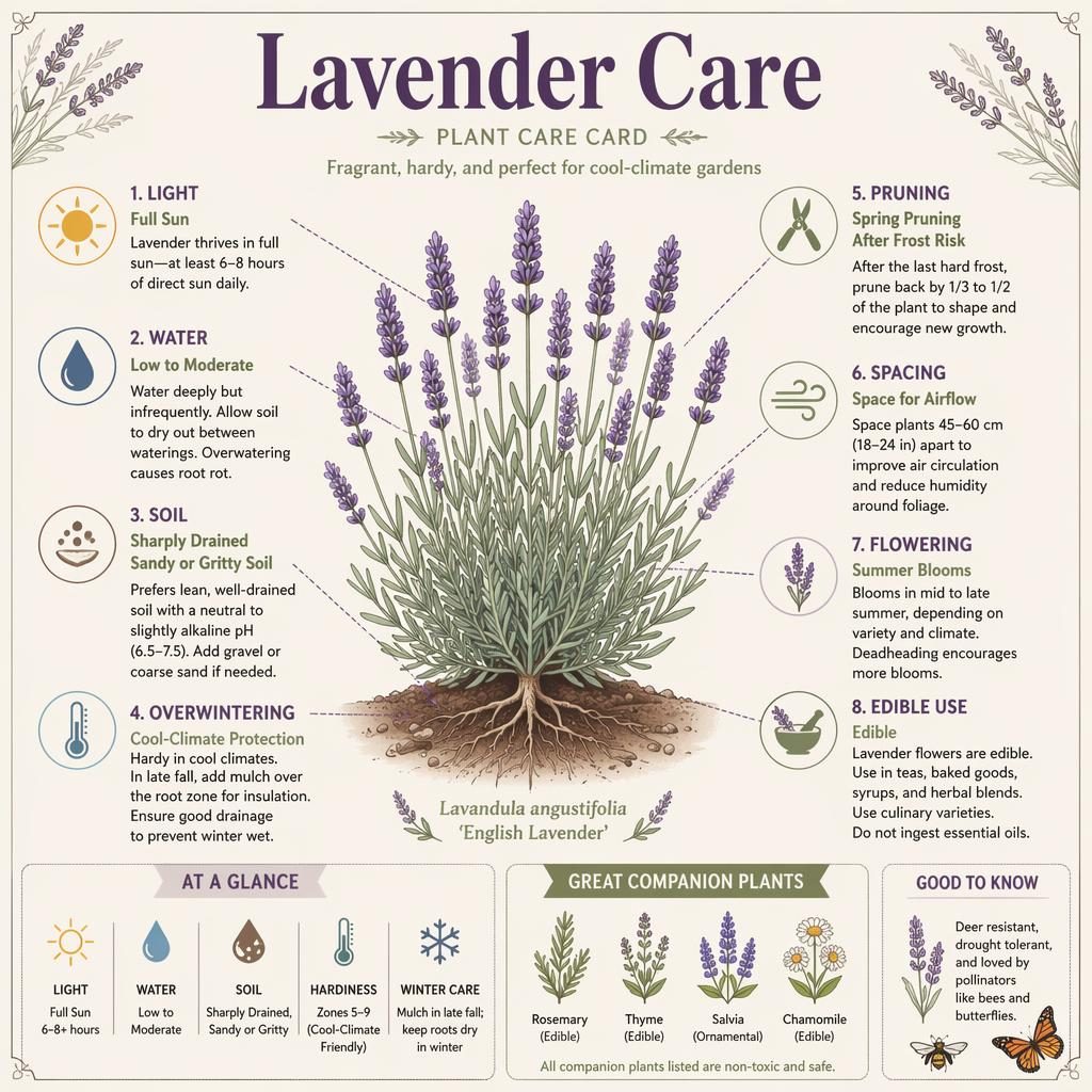 Lavender care infographic card with botanical lavender illustration, English callouts, care icons, and warm terracotta palette.