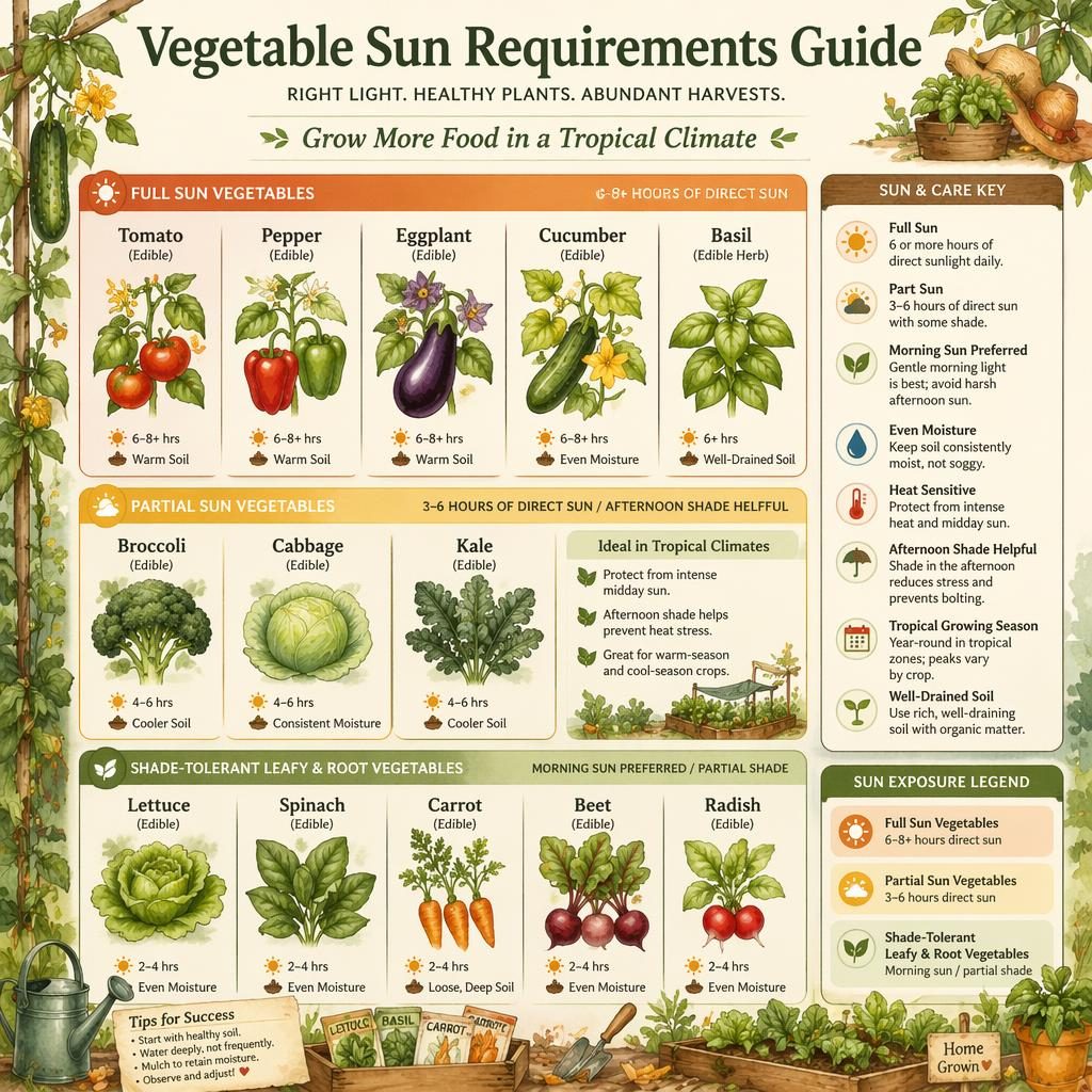 Watercolor gardening infographic showing vegetables grouped by sun needs with care icons, callouts, and tropical cues.