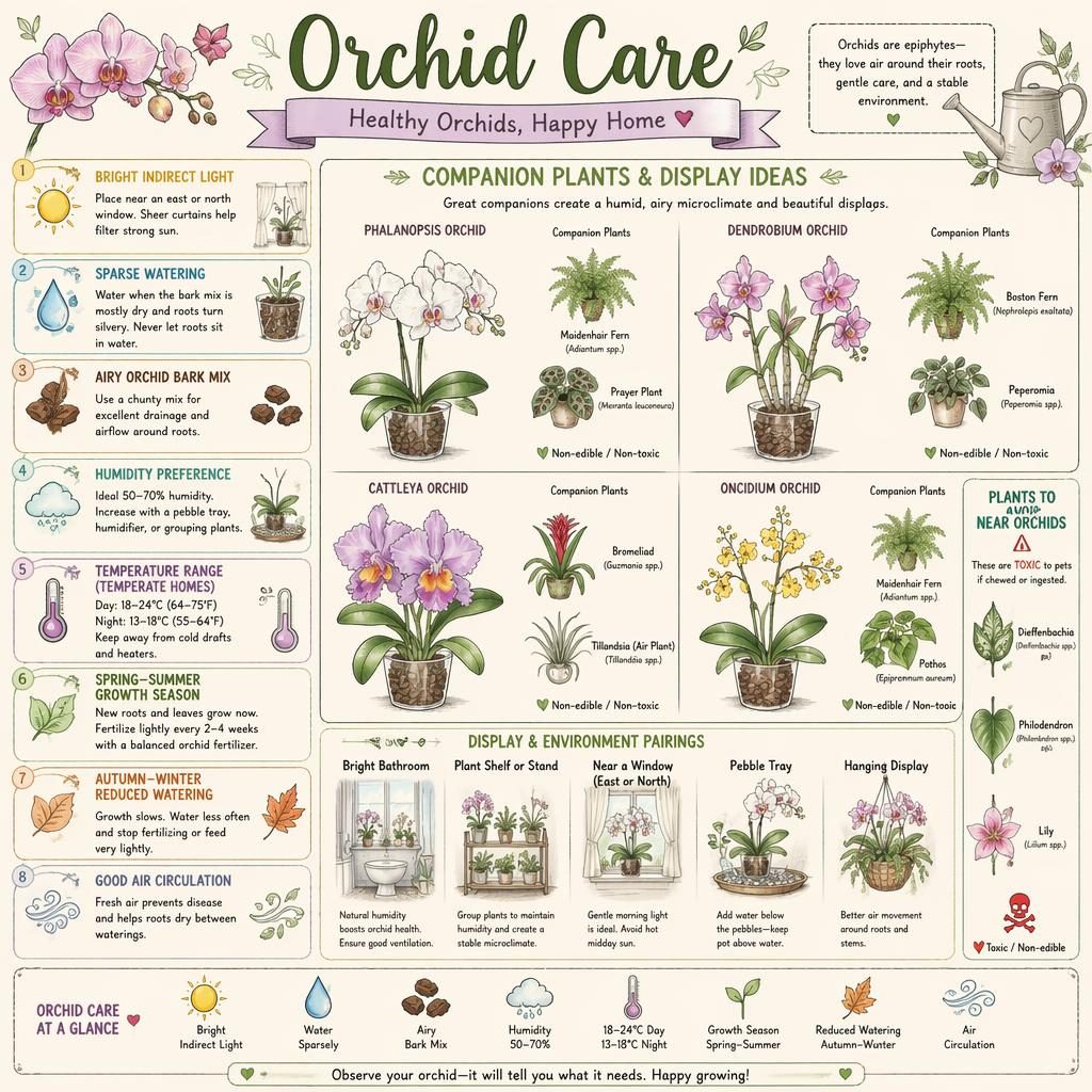 Pastel sketchnote orchid care infographic grid with Phalaenopsis, companion plants, and labeled light, water, bark mix, humidity