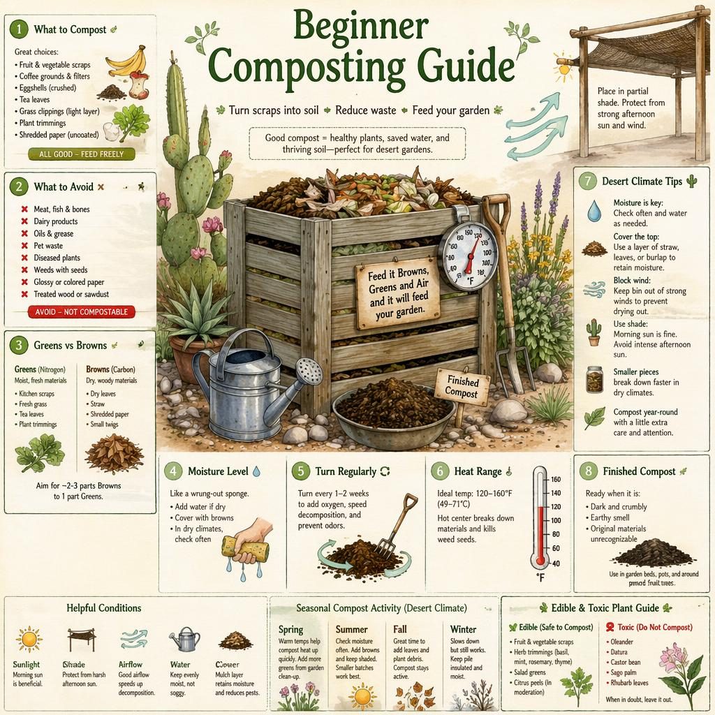 Botanical composting infographic with labeled scraps, browns, bin, thermometer, watering can, and desert climate tips.