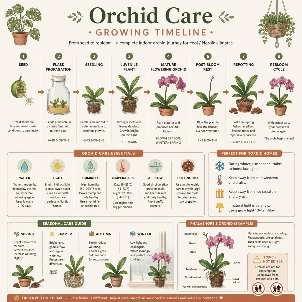Minimal orchid care infographic showing seed-to-rebloom timeline with care icons, English labels, and Nordic indoor tips.