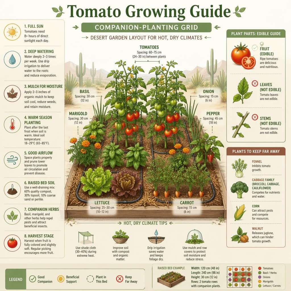Infographie Pinterest d’un guide de culture de la tomate avec grille de compagnonnage, zones du potager et repères arides.