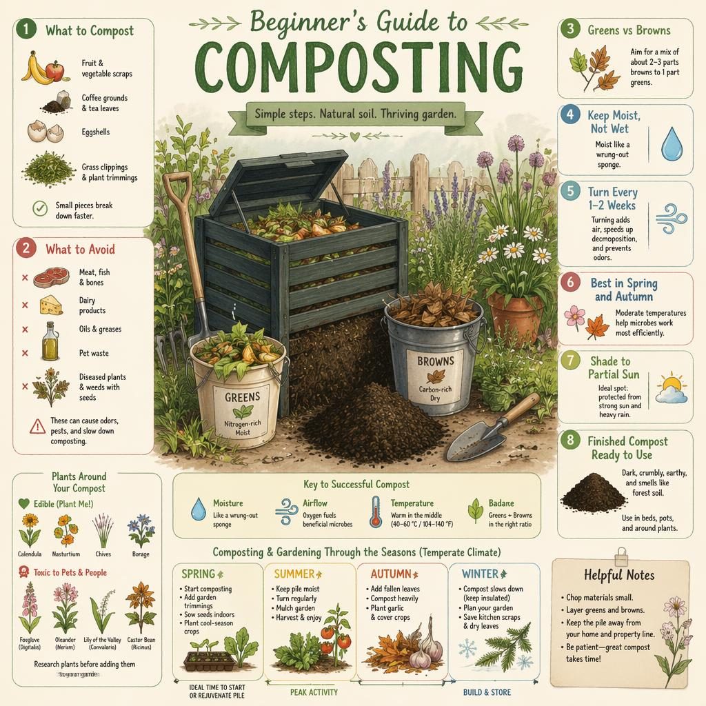 Infografía ilustrada de compostaje con compostera casera, restos de cocina, hojas secas, compost listo y plantas de jardín.