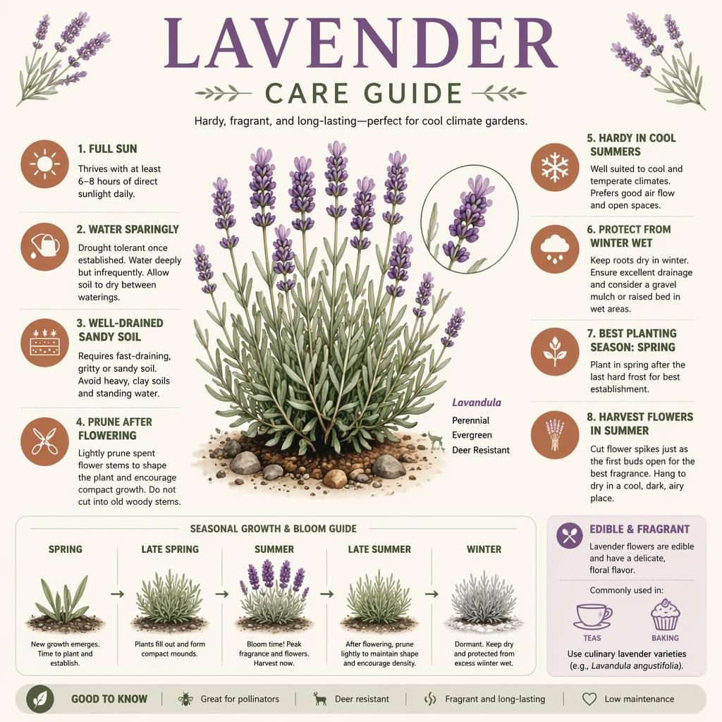 Minimal flat infographic of a lavender care guide with English callouts, icons, seasonal strip, and terracotta tones.