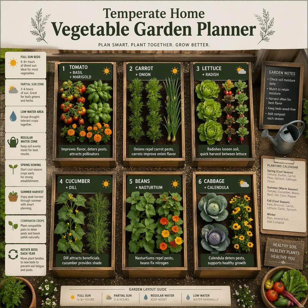 Fotorealistische Gartenplaner-Infografik von oben mit Hochbeeten, Wegen und Mischkultur-Zonen für Gemüse im Hausgarten