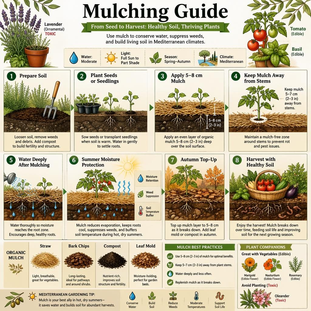 Botanical gardening infographic showing a mulching timeline from soil prep to harvest with cross-sections, mulch types, roots, and labels.