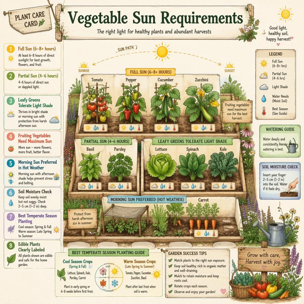 Pastel gardening infographic board showing vegetables grouped by sun needs with botanical drawings, icons, callouts, and legend.
