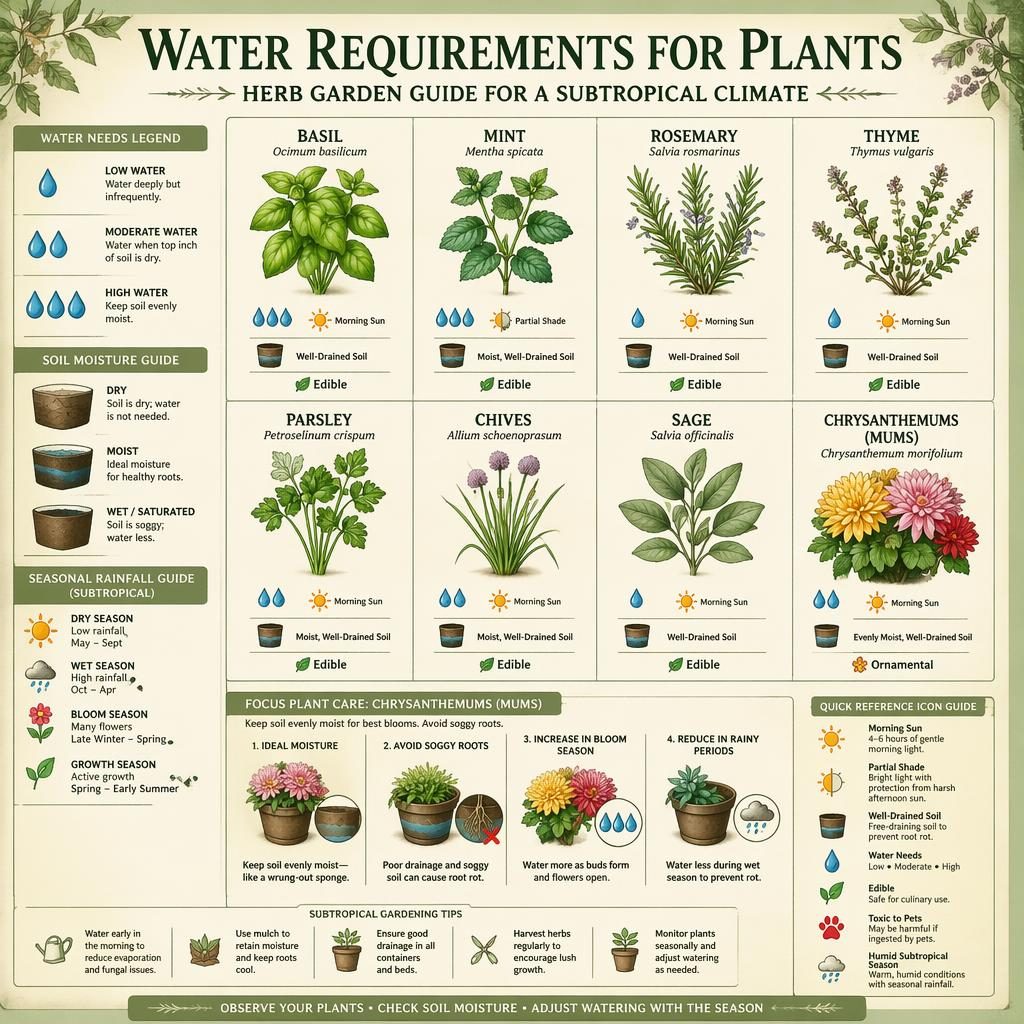 Vintage-style herb garden infographic with basil, mint, rosemary, thyme, parsley, chives, sage, and mums care panels