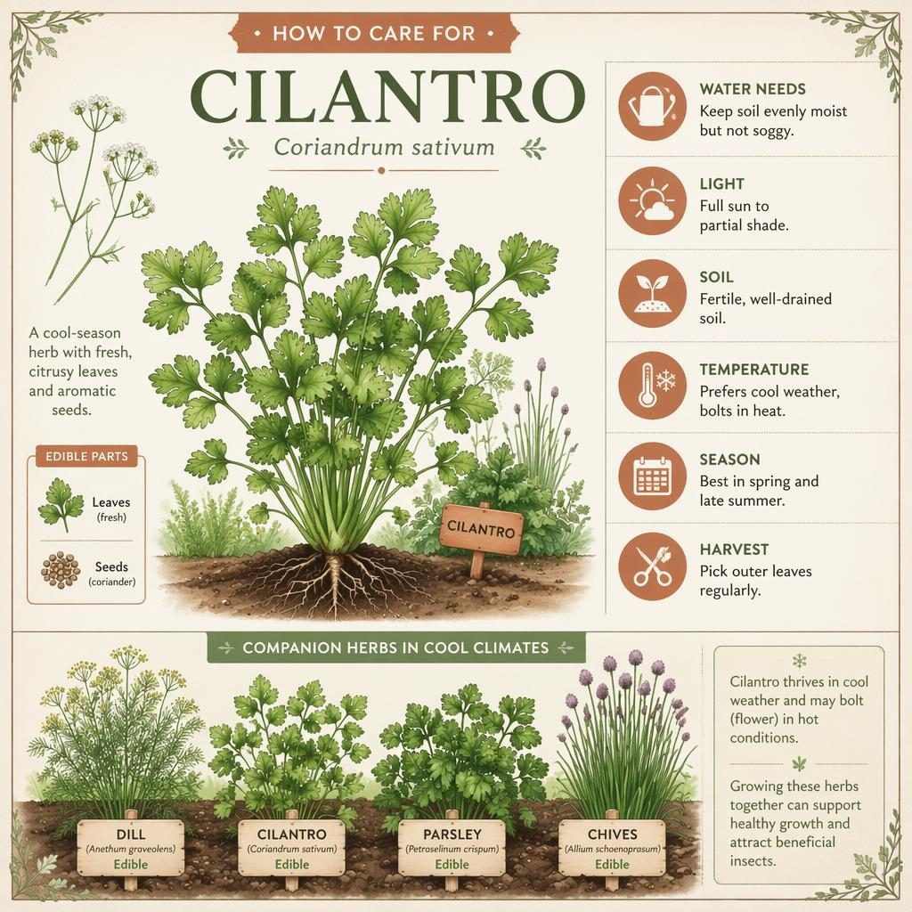 Minimal Nordic-style cilantro care infographic with botanical plant illustration, 6 care callouts, and herb companion panel.