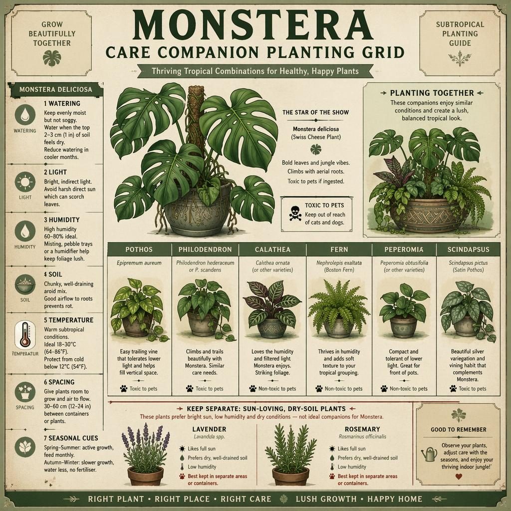 Infografika s monsterou a mřížkou vhodných i nevhodných doprovodných rostlin ve vintage botanickém stylu.