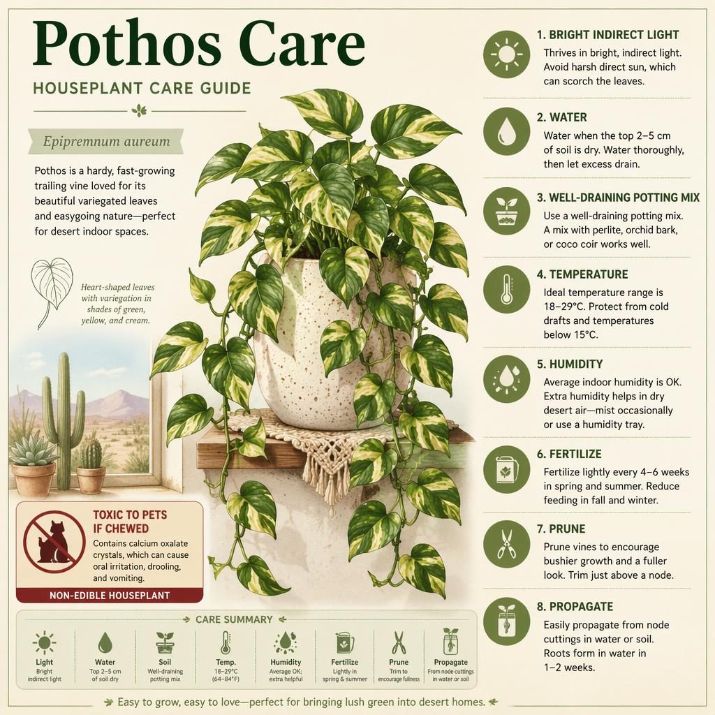 Botanical pothos care infographic with trailing variegated vines, care callouts, and icons for light, water, soil, humidity, pruning.
