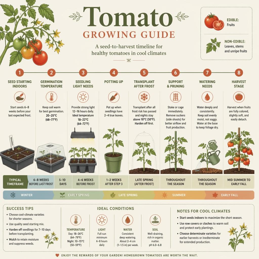 Tomato Growing Guide infographic with seed-to-harvest timeline, botanical tomato illustrations, icons, and English labels.