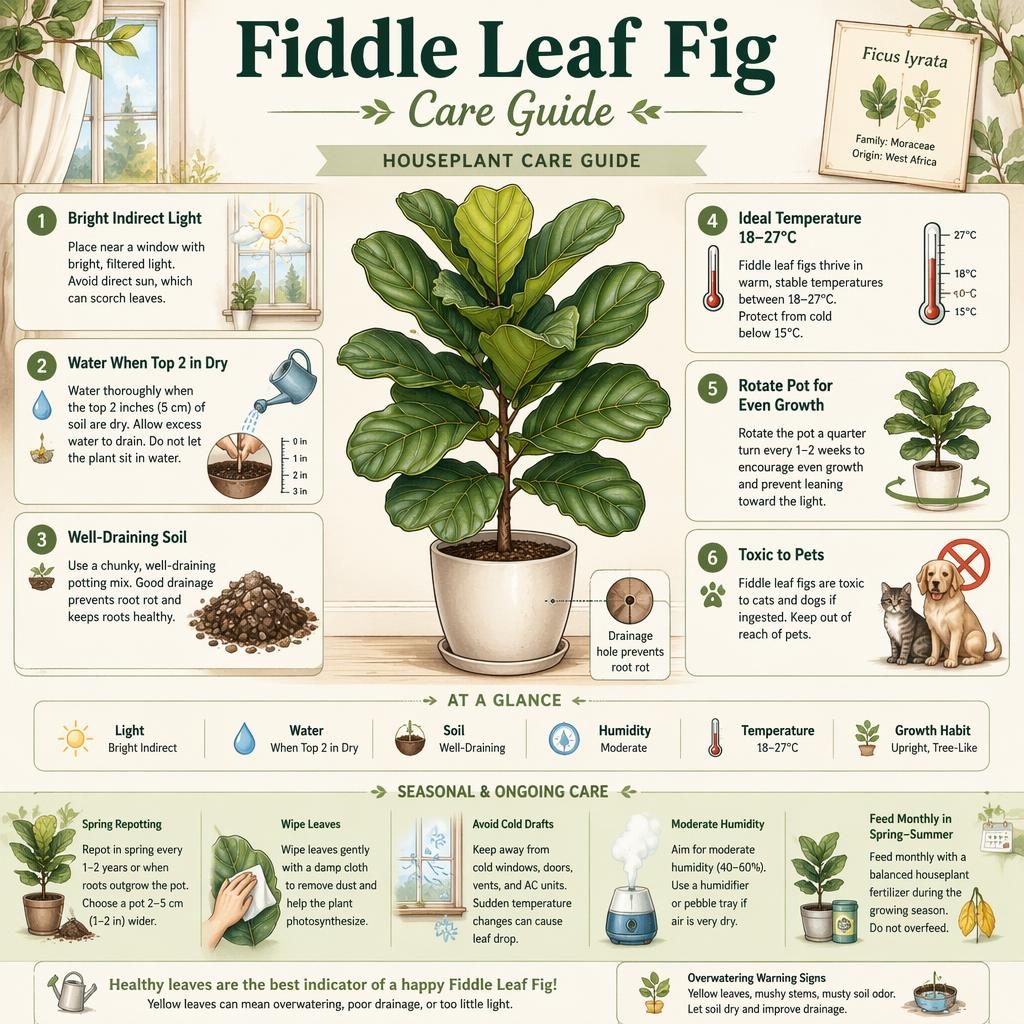 Infografía botánica de cuidado del Fiddle Leaf Fig en maceta, con 6 consejos en inglés, iconos y estética cottage pastel.