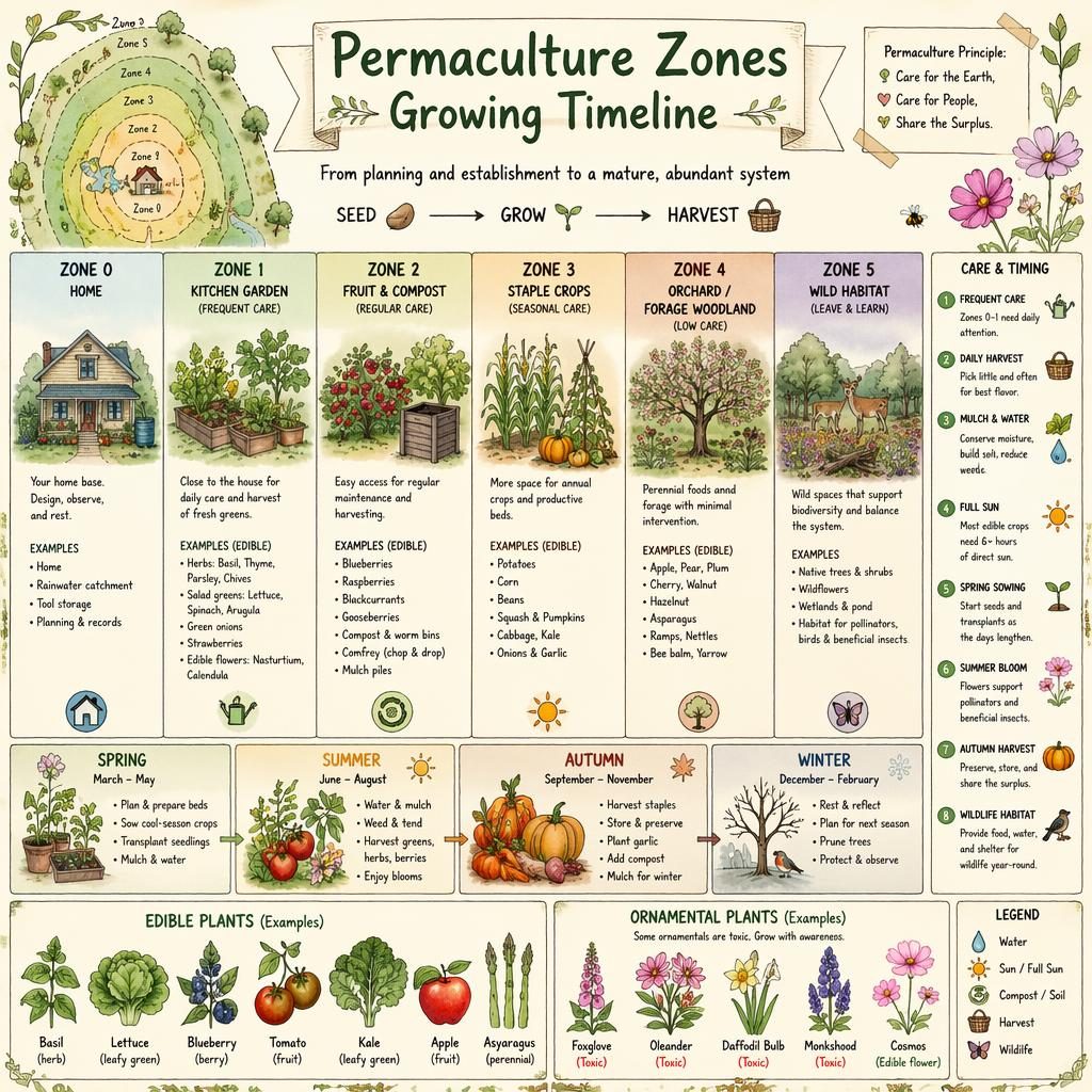 Sketchnote infographic of permaculture zones timeline with home, herbs, berries, crops, orchard, wild habitat, and cosmos flowers.
