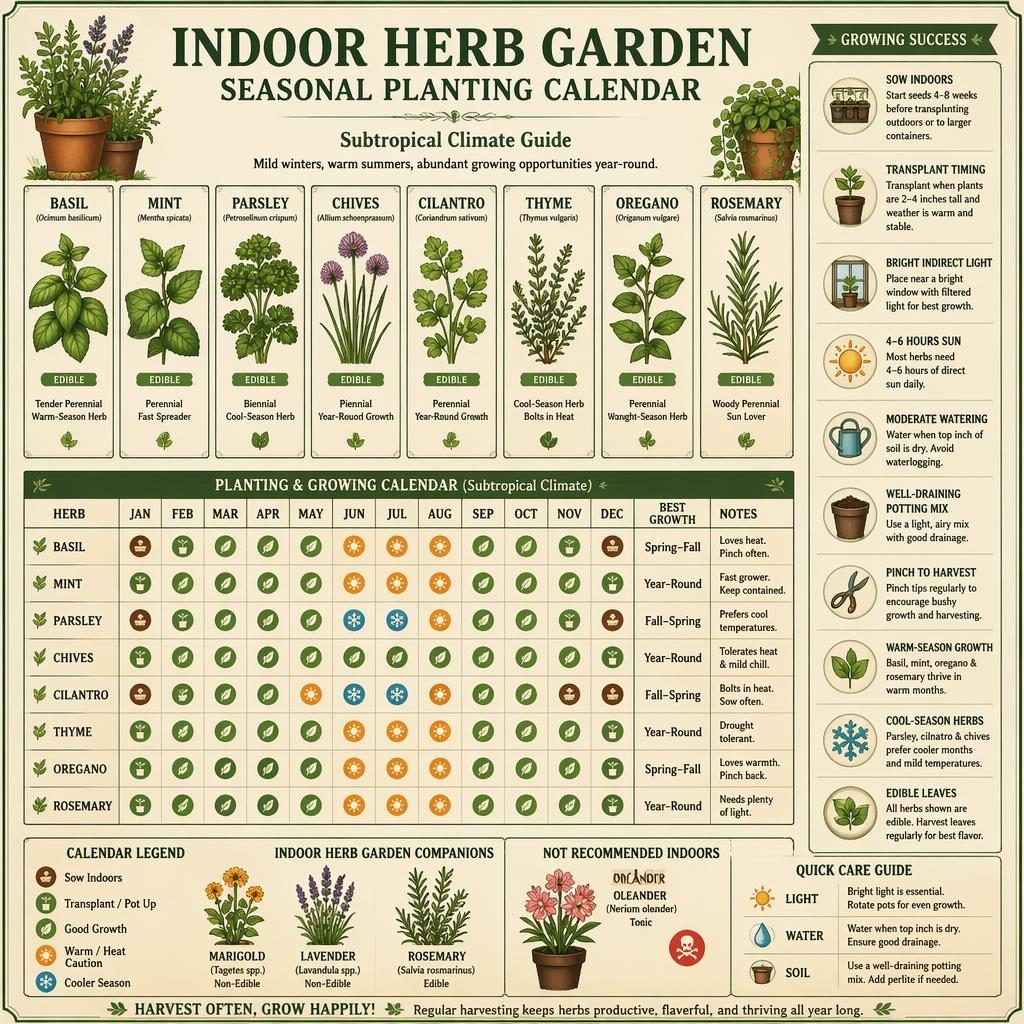Vintage-style indoor herb garden calendar infographic with illustrated basil, mint, parsley, chives, cilantro, thyme, oregano, and rosemary.