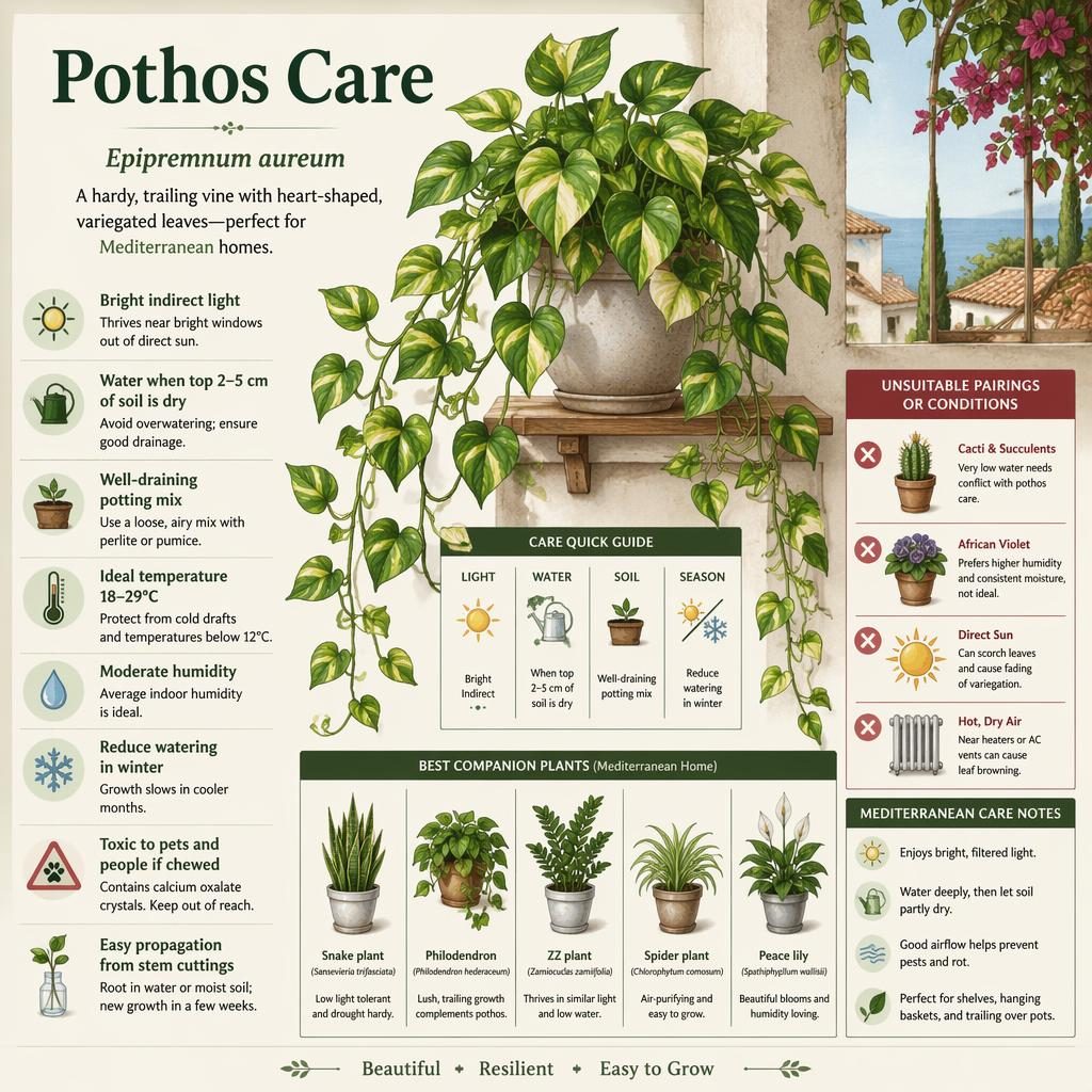Botanical infographic of pothos care with labeled callouts, companion plant grid, icons for light water soil seasons, and toxic warning.