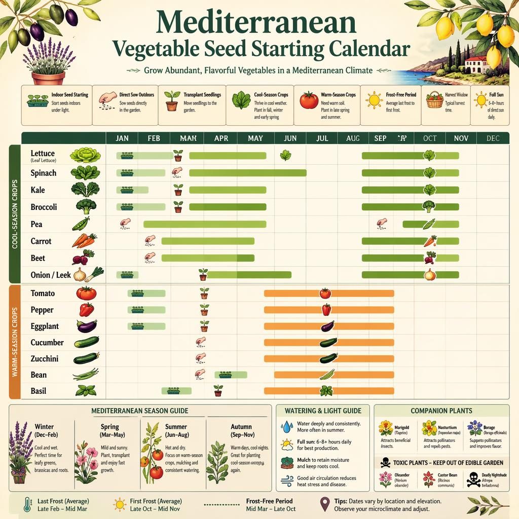 Botanical infographic seed starting calendar for Mediterranean vegetables, with monthly grid, icons, color bars, and labeled crops.