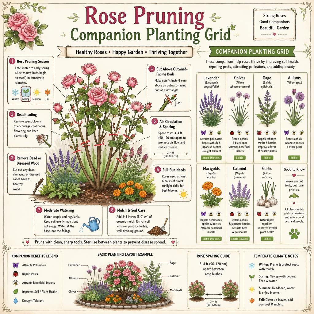 Pastel gardening infographic of rose pruning with companion planting grid, roses, lavender, chives, sage, alliums, marigolds.