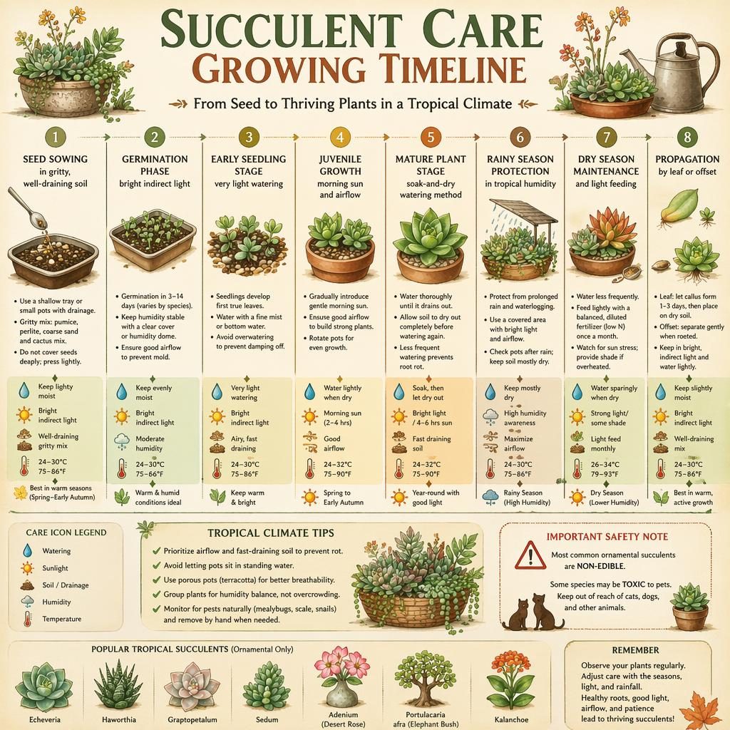 Watercolor succulent care infographic timeline with 8 labeled stages, tropical climate tips, care icons, and toxicity note.