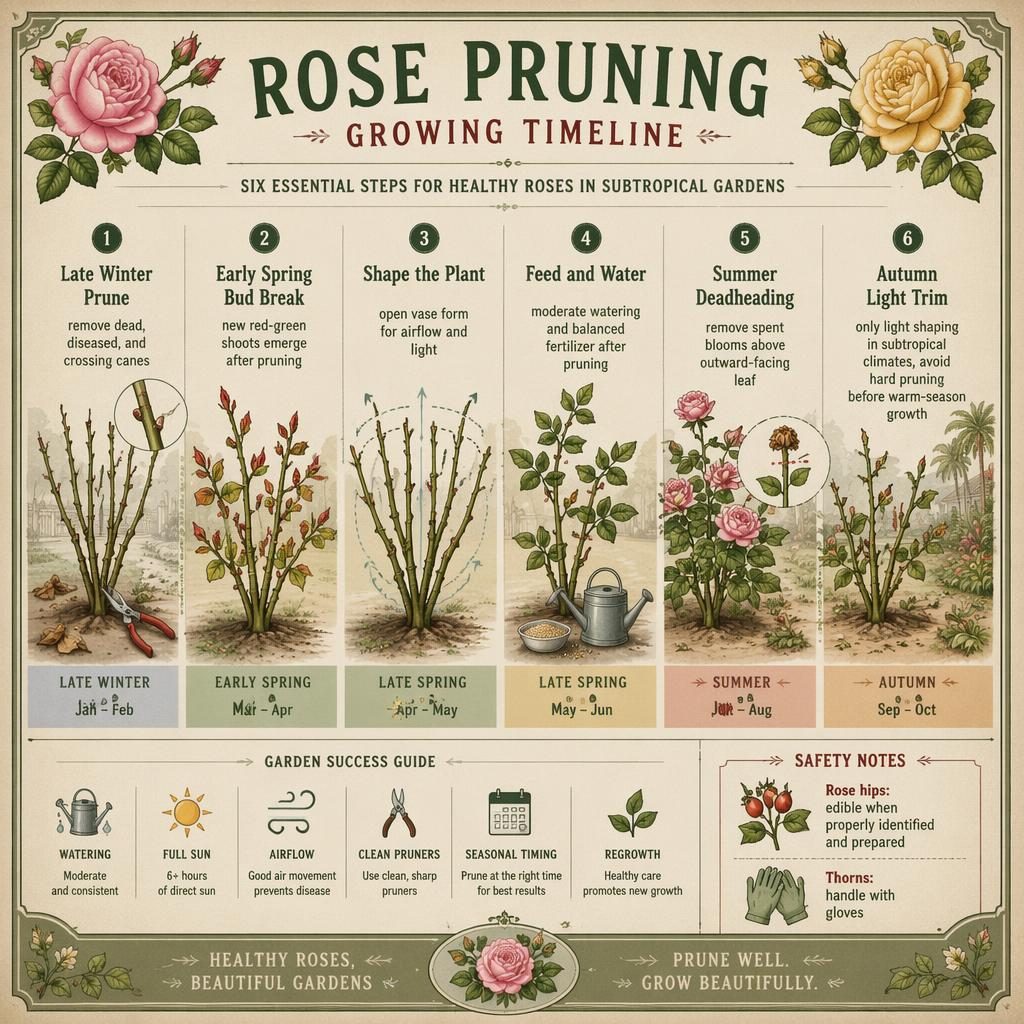 Vintage-style rose pruning timeline infographic with 6 labeled stages, botanical rose illustrations, safety notes, and garden care icons.