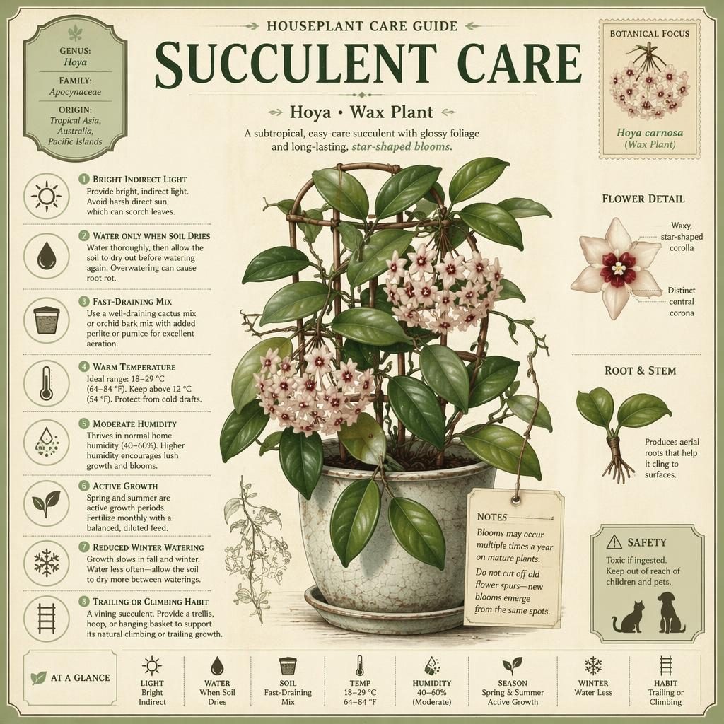 Vintage-style succulent care infographic featuring Hoya, labeled care callouts, icons, sage palette, and botanical art.