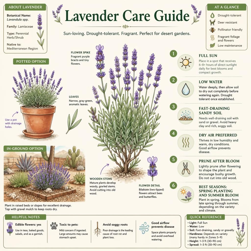 Lavender care infographic with botanical lavender, 6 English callouts, icons, terracotta pot and desert herb bed options.