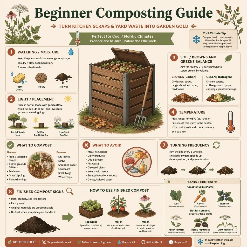 Minimal flat infographic showing a beginner composting guide with compost bin, scraps, dry leaves, finished compost, and plant icons.