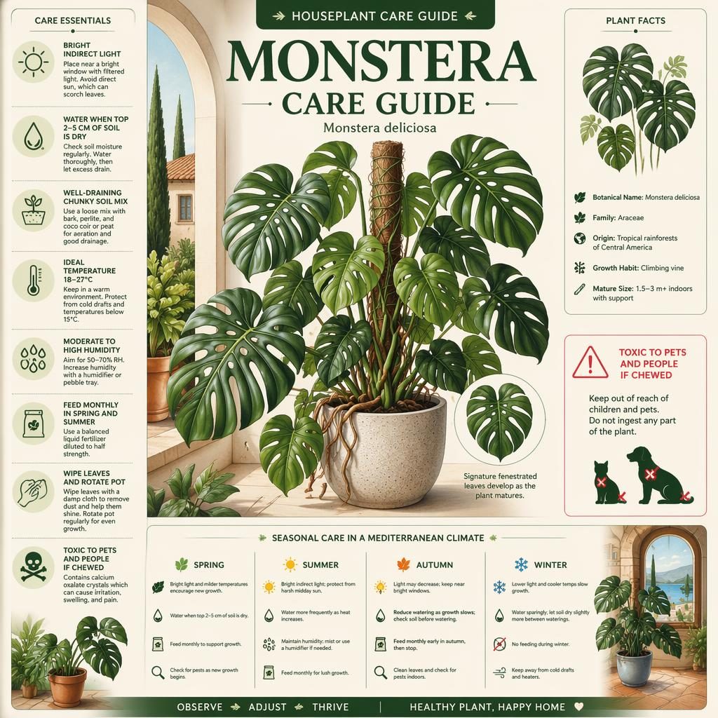 Infografía botánica de cuidado de Monstera deliciosa con iconos de luz, riego, suelo, temperatura, humedad y abono.