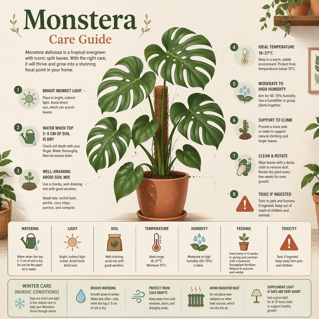 Infographie botanique d’un Monstera deliciosa en pot, avec icônes d’entretien, légendes anglaises et palette terracotta.
