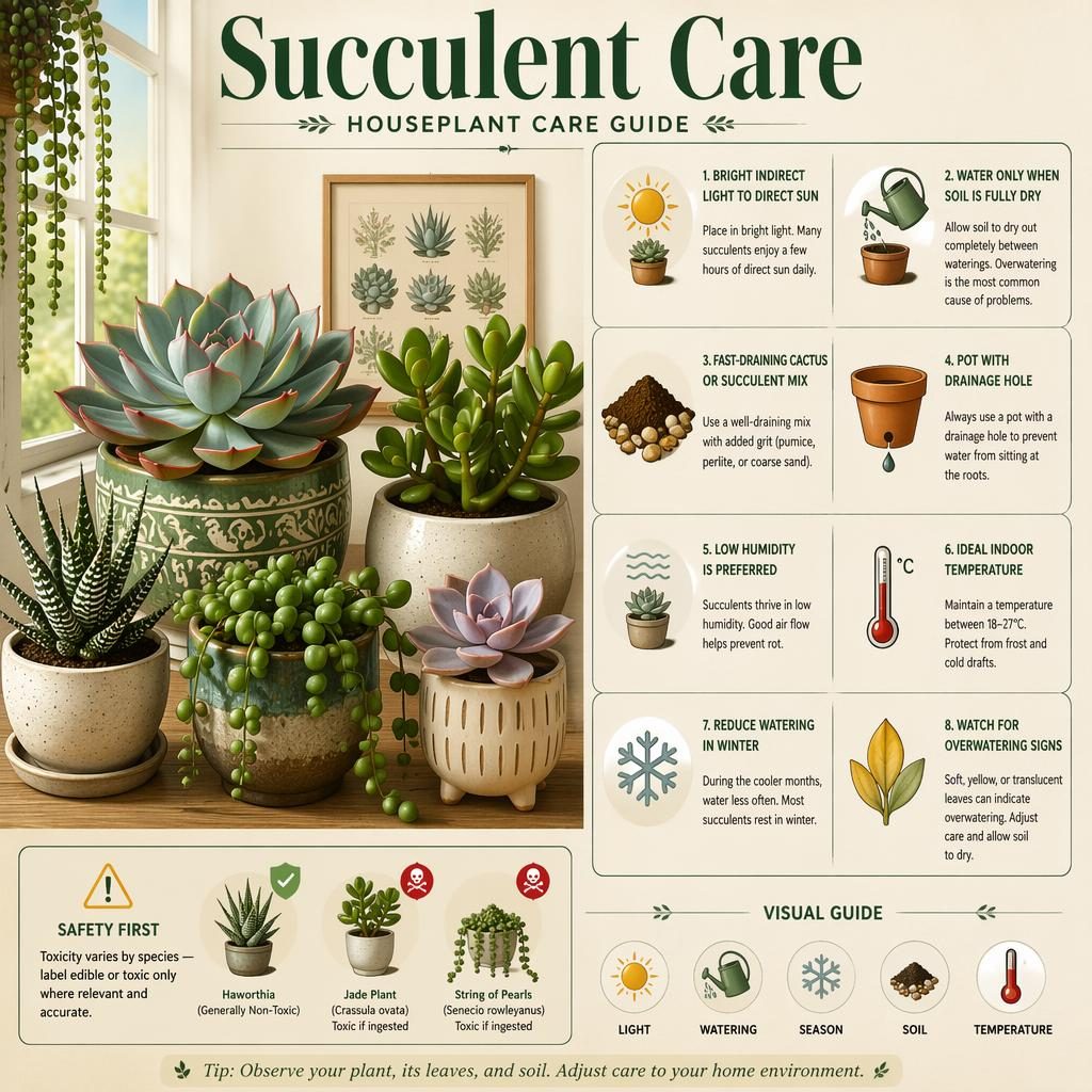 Indoor succulent care infographic with labeled callouts, decorative pots, icons for light, watering, soil, season, and temperature.