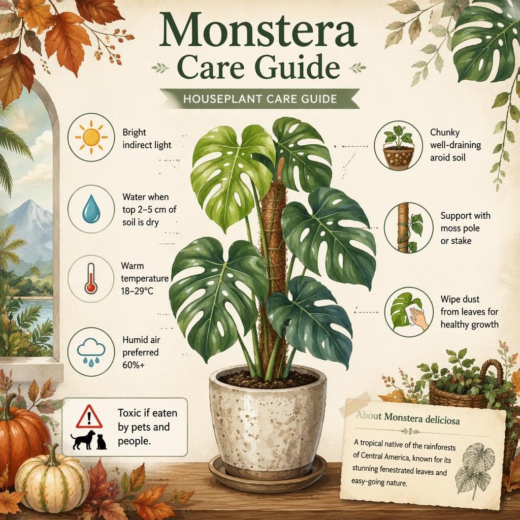 Botanische Monstera-deliciosa-Infografik mit Aquarellstil, 7 englischen Pflegehinweisen und Icons zu Licht, Wasser, Erde, Luftfeuchte.
